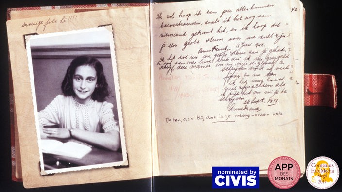 Tagebuch der Anne Frank mit Bild von ihr auf der linken Seite 